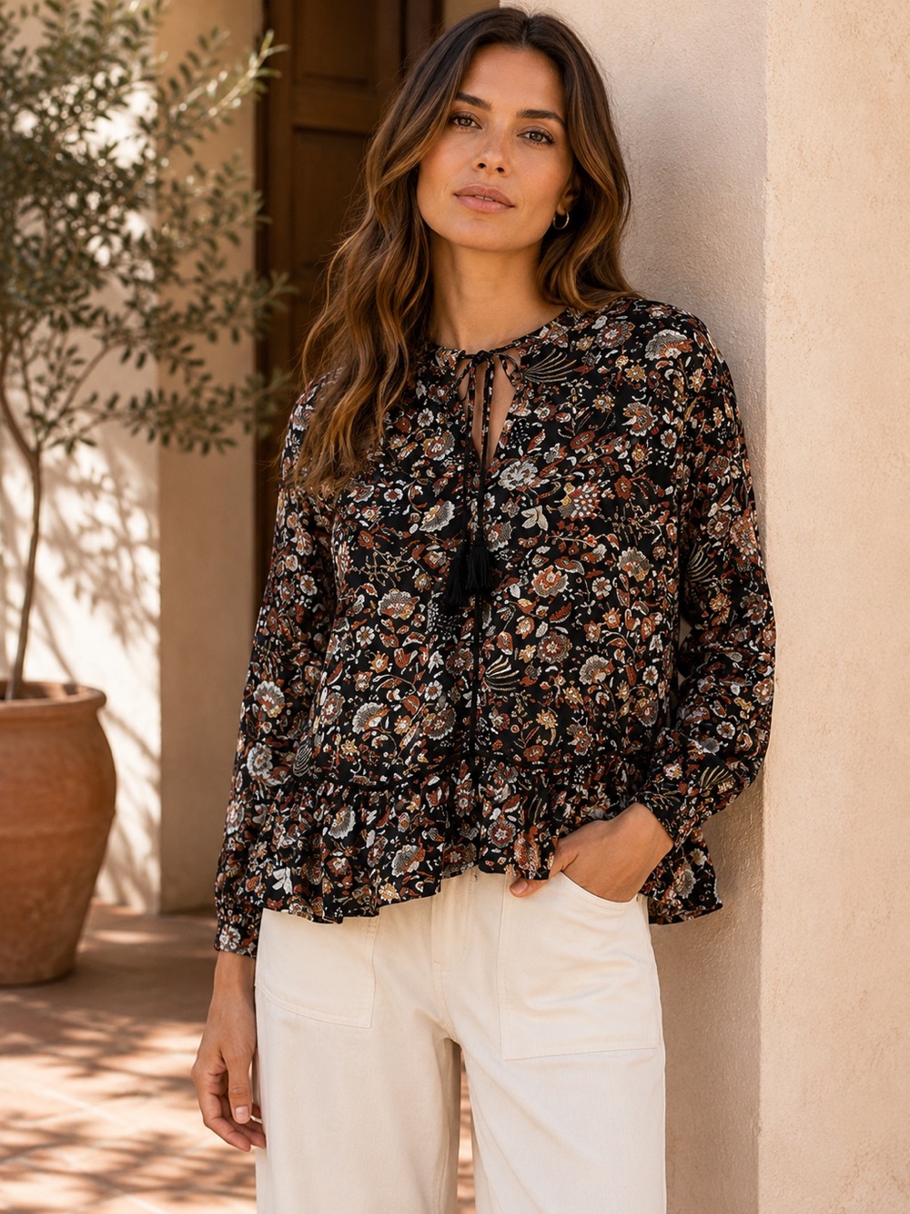 a.n.a Floral Peplum Blouse Black Multi Tassel Tie Neck Boho Top PM Petite